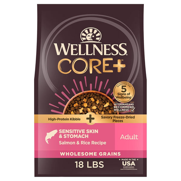 Wellness CORE+ Sensitive Skin and Stomach Adult Dry Dog Food with Freeze Dried Pieces Salmon and Rice 18lb Wellness